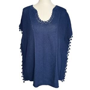 Lilly Pulitzer Navy Cotton Poncho Sweater Pom Pom Trim Open Knit Top Size Medium